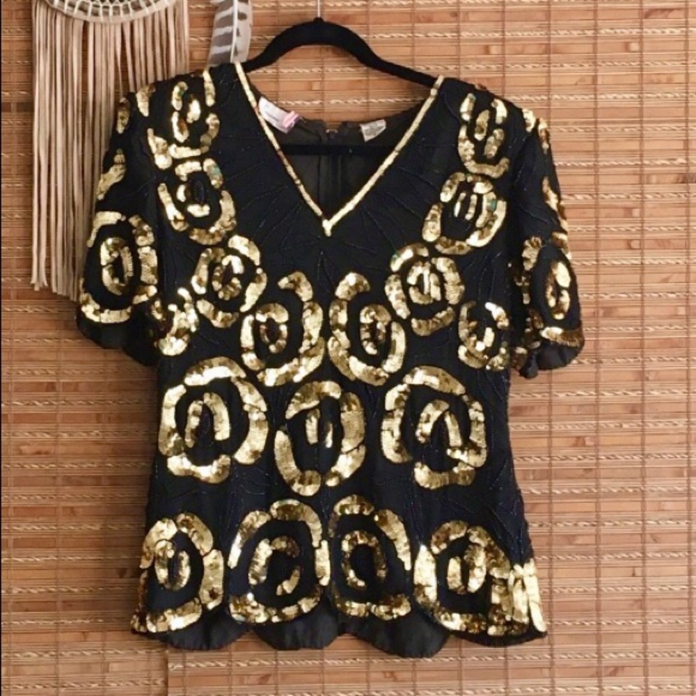 Vintage 100% Silk Black + Gold Sequin Top L
